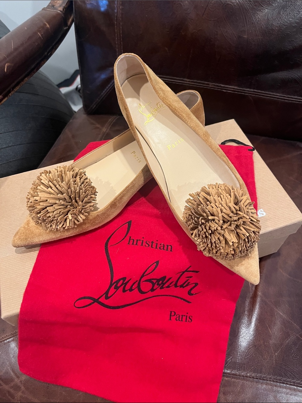 Christian Louboutin Tan Suede Pointed Pom-Pom Flats